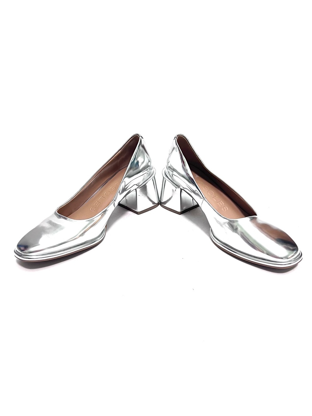 Vintage Y2K high mirror metallic silver leather slip on chunky heels - Picture 6 of 8